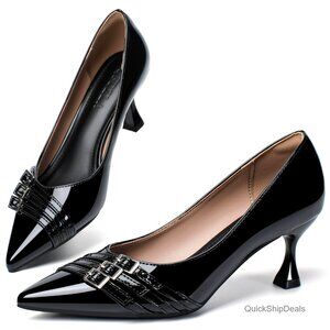Leather Kitten Heel Pumps Pointed Toe Dress Shoes for Work Wedding